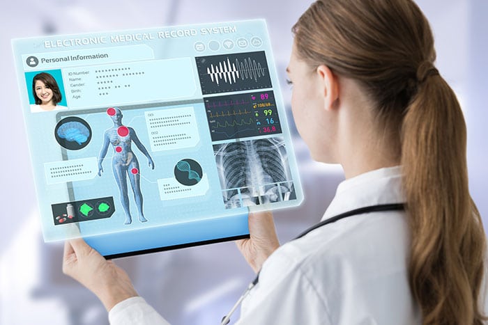A female doctor with a ponytail holds a tablet. A futuristic overlay shows electronic health records being securely transmitted over the internet.