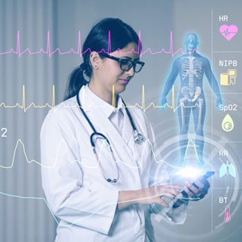 A hispanic female doctor with brown hair in ponytail wearing glasses and white medical scrubs with a stethoscope around her neck is holding a tablet. The entire image is overlaid with vital signs like heart rate beats per minute.