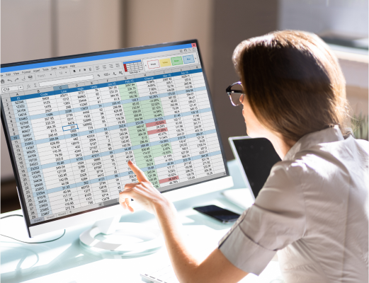 Woman on computer, reviewing spreadsheets of data.